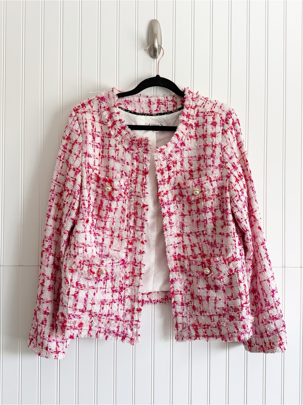 Nanette Lepore Size 12 Red White Pink Tweed Blazer - Picture 2 of 7